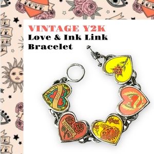 VINTAGE Tattoo Heart Link Bracelet Roses Love Corazon & Ink Y2K Punk Pinup Retro